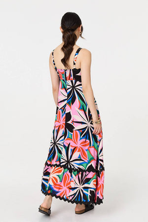 Black | Floral Wave Trim Sleeveless Maxi Dress
