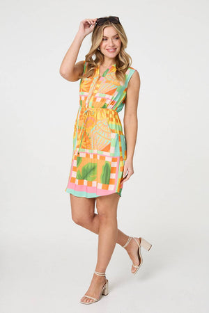 Orange | Patchwork Print Sleeveless Short Dress
