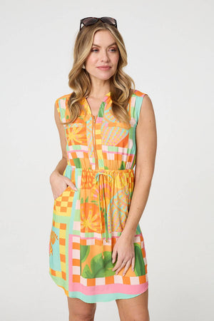 Orange | Patchwork Print Sleeveless Short Dress
