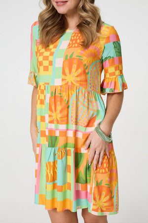 Orange | Tropical Tile Print Smock Dress
