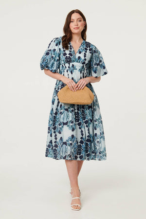 Blue | Floral 1/2 Puff Sleeve Tiered Midi Dress