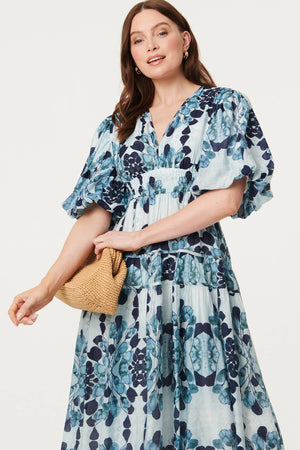 Blue | Floral 1/2 Puff Sleeve Tiered Midi Dress