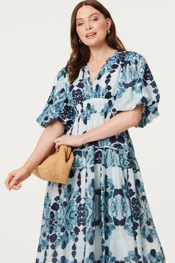 Blue | Floral 1/2 Puff Sleeve Tiered Midi Dress