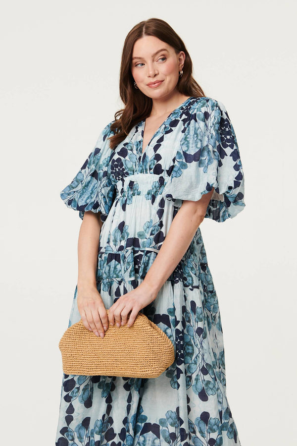 Blue | Floral 1/2 Puff Sleeve Tiered Midi Dress