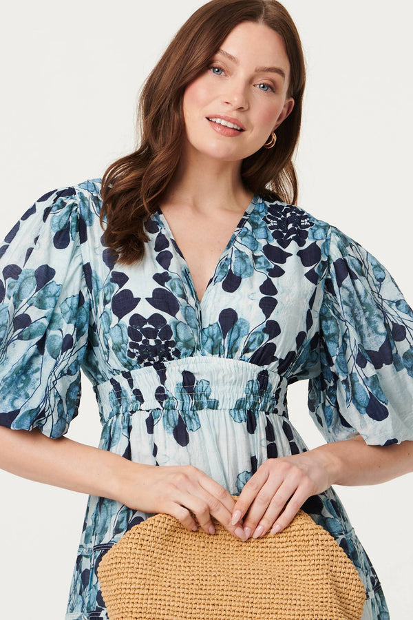 Blue | Floral 1/2 Puff Sleeve Tiered Midi Dress
