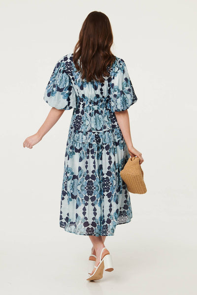 Floral 1/2 Puff Sleeve Tiered Midi Dress | Izabel London