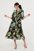 Black | Leaf Print 3/4 Sleeve Shirt Midi Dress
