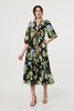 Black | Leaf Print 3/4 Sleeve Shirt Midi Dress
