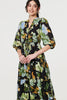 Black | Leaf Print 3/4 Sleeve Shirt Midi Dress
