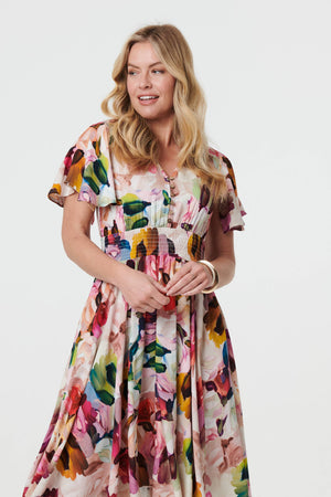 Pink | Floral Short Puff Sleeve Midi Dress
