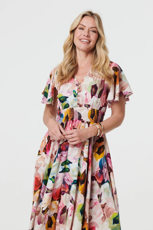 Pink | Floral Short Puff Sleeve Midi Dress
