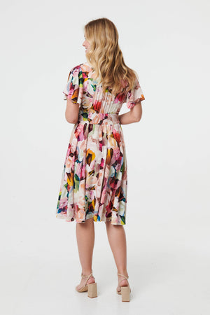 Pink | Floral Short Puff Sleeve Midi Dress
