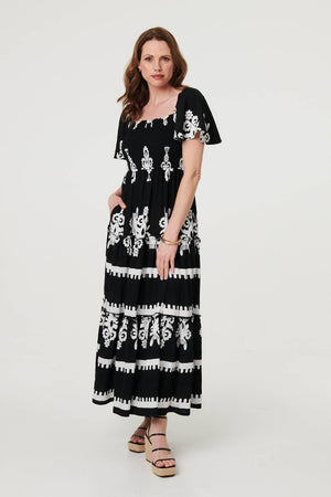 Black | Ikat Print Short Angel Sleeve Maxi Dress
