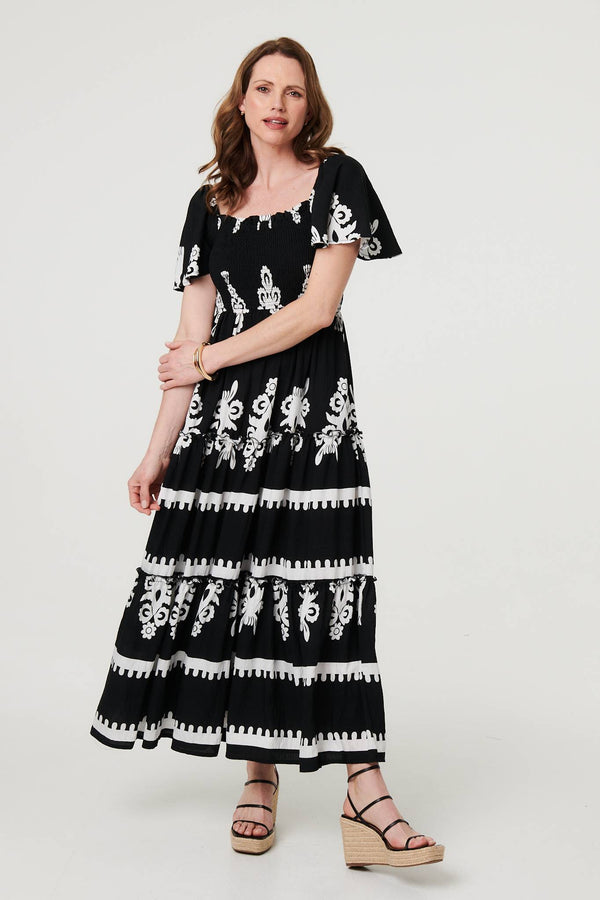 Black | Ikat Print Short Angel Sleeve Maxi Dress
