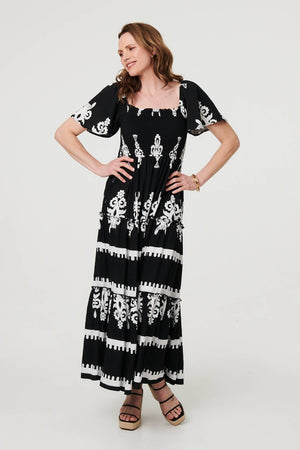 Black | Ikat Print Short Angel Sleeve Maxi Dress
