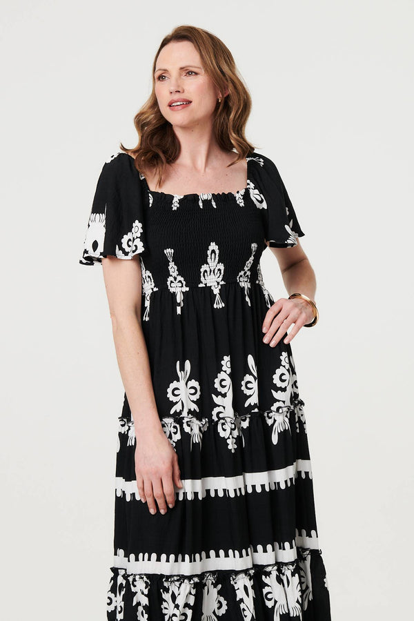 Black | Ikat Print Short Angel Sleeve Maxi Dress
