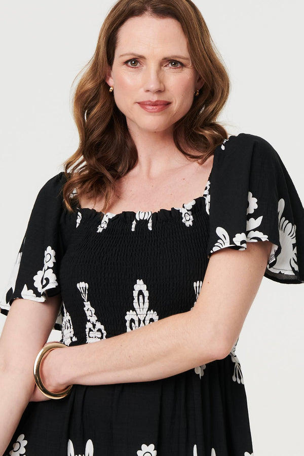 Black | Ikat Print Short Angel Sleeve Maxi Dress
