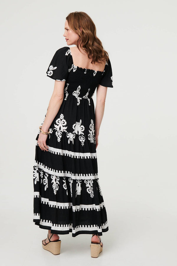 Black | Ikat Print Short Angel Sleeve Maxi Dress

