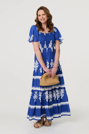 Blue | Ikat Print Short Angel Sleeve Maxi Dress : Model is 5'9