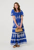 Blue | Ikat Print Short Angel Sleeve Maxi Dress : Model is 5'9