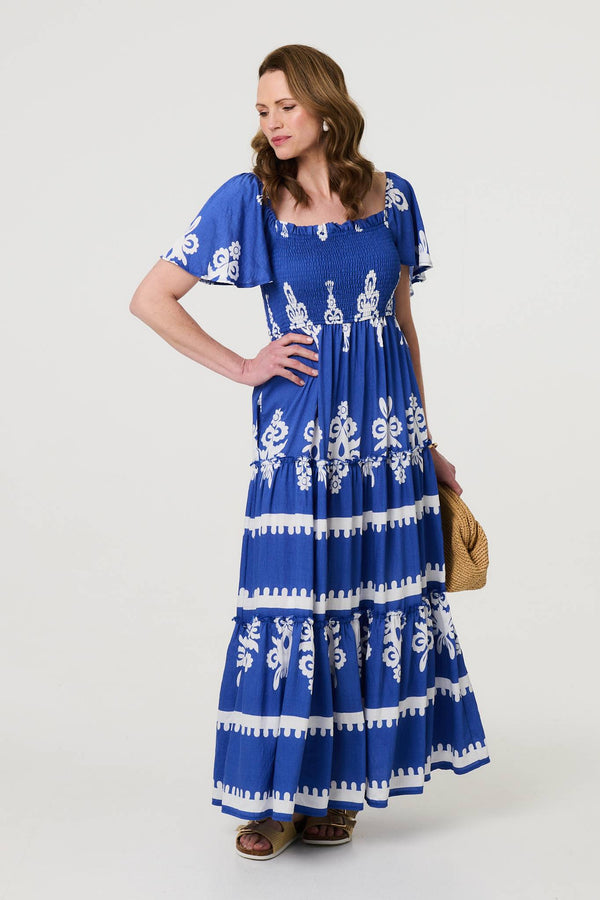 Blue | Ikat Print Short Angel Sleeve Maxi Dress
