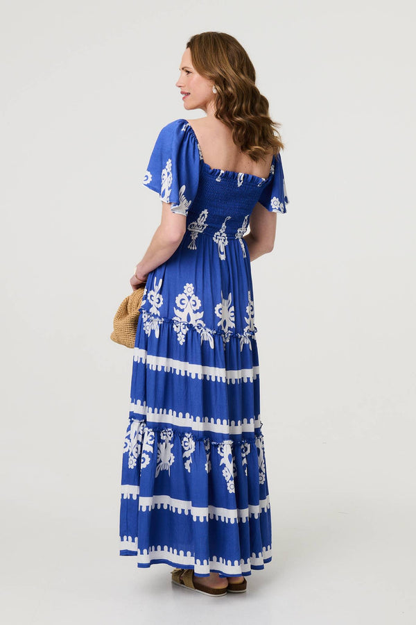 Blue | Ikat Print Short Angel Sleeve Maxi Dress
