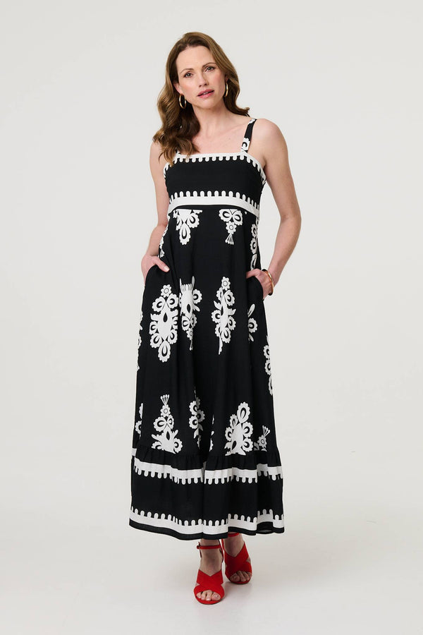 Black | Ikat Print Sleeveless A-Line Maxi Dress : Model is 5'9"/175 cm and wears UK10/EU38/US6/AUS10

