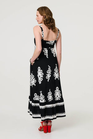 Black | Ikat Print Sleeveless A-Line Maxi Dress
