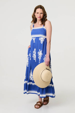 Blue | Ikat Print Sleeveless A-Line Maxi Dress : Model is 5'9