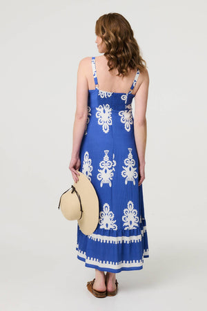 Blue | Ikat Print Sleeveless A-Line Maxi Dress
