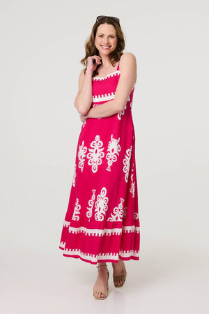 Pink | Ikat Print Sleeveless A-Line Maxi Dress : Model is 5'9