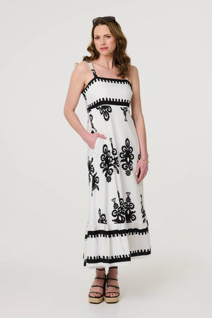 White | Ikat Print Sleeveless A-Line Maxi Dress
