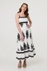White | Ikat Print Sleeveless A-Line Maxi Dress : Model is 5'9