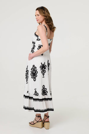 White | Ikat Print Sleeveless A-Line Maxi Dress
