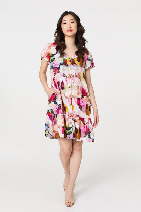 Pink | Brushstroke Floral V-Neck Smock Dress

