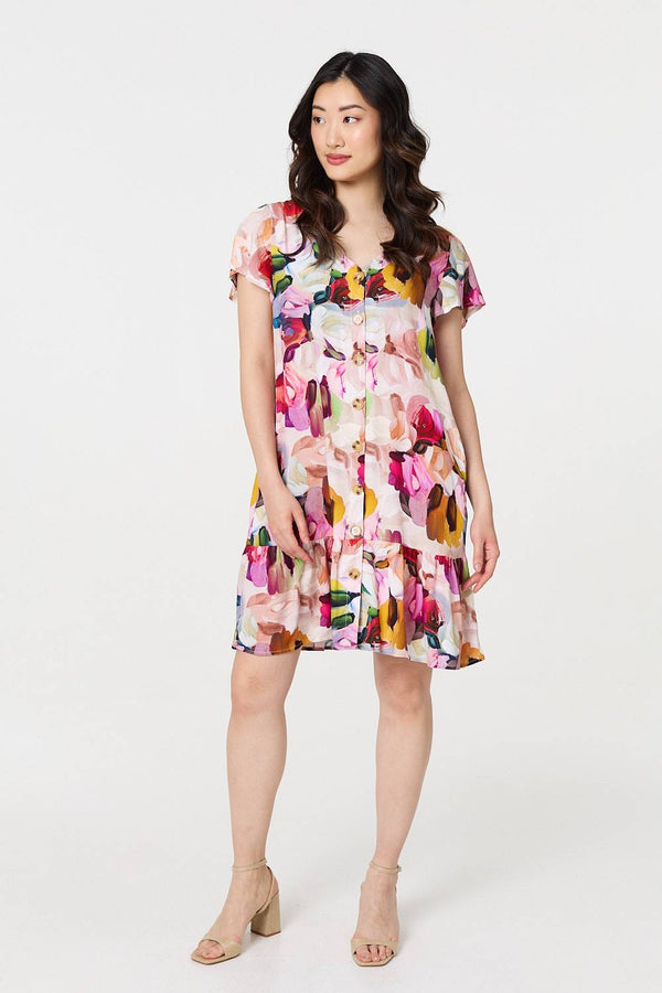 Pink | Brushstroke Floral V-Neck Smock Dress

