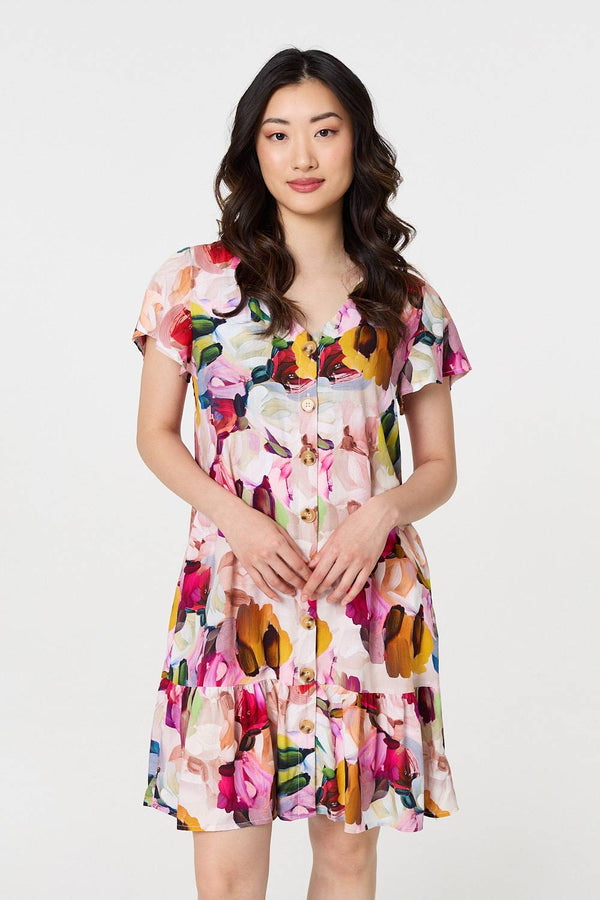 Pink | Brushstroke Floral V-Neck Smock Dress
