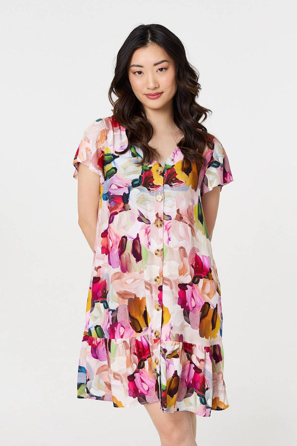 Pink | Brushstroke Floral V-Neck Smock Dress
