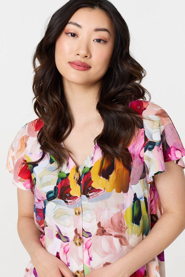 Pink | Brushstroke Floral V-Neck Smock Dress
