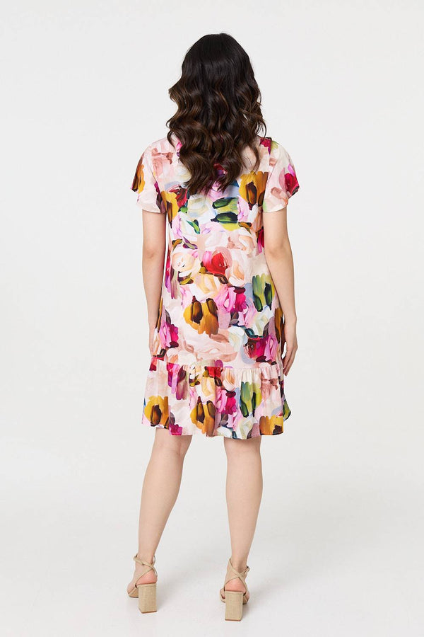 Pink | Brushstroke Floral V-Neck Smock Dress

