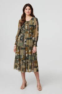 Green | Patchwork Print Long Sleeve Midi Dress

