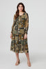 Green | Patchwork Print Long Sleeve Midi Dress
