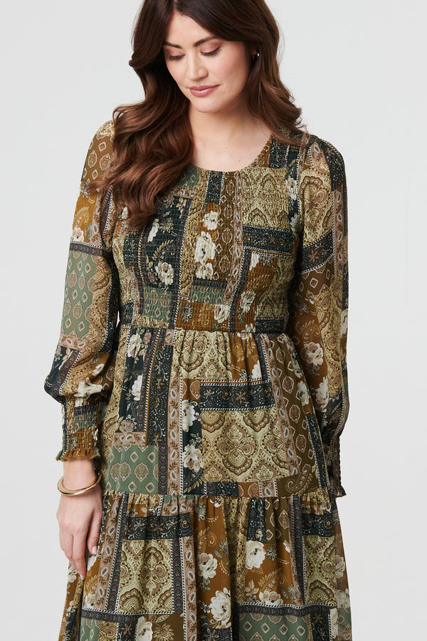 Green | Patchwork Print Long Sleeve Midi Dress
