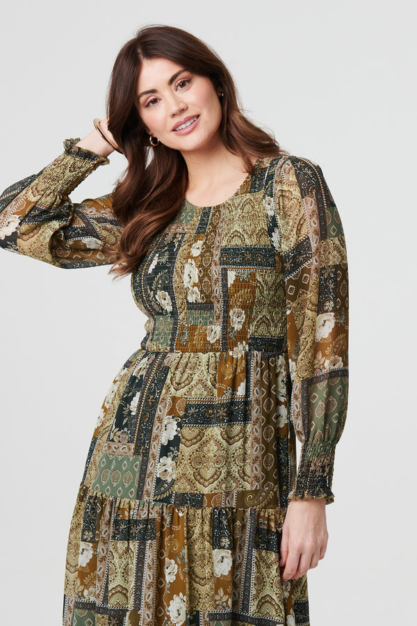 Green | Patchwork Print Long Sleeve Midi Dress
