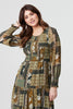 Green | Patchwork Print Long Sleeve Midi Dress
