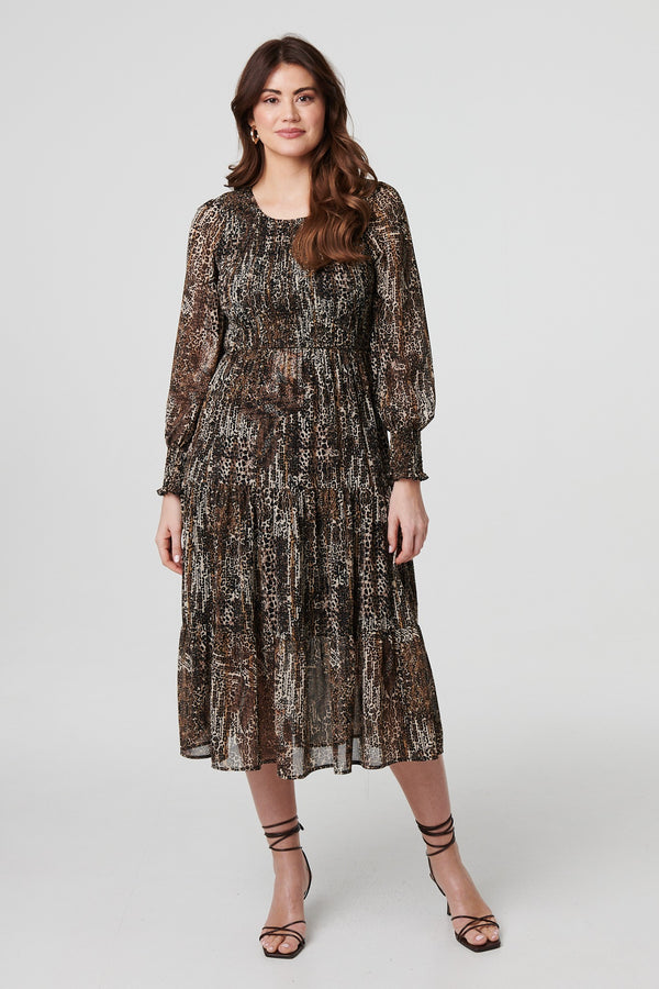 Beige | Animal Print Long Puff Sleeve Maxi Dress
