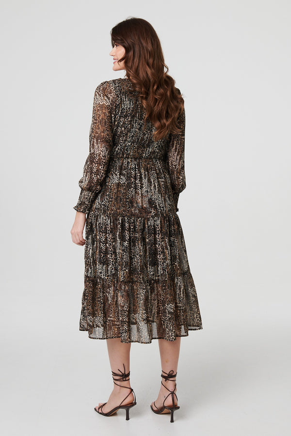 Beige | Animal Print Long Puff Sleeve Maxi Dress
