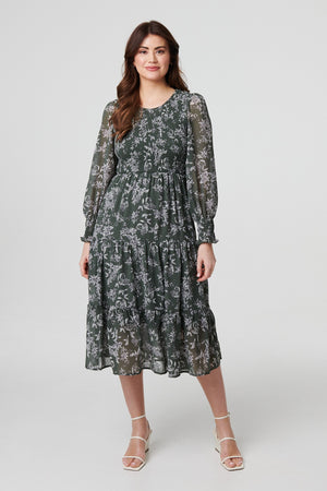 Olive | Floral Semi Sheer Smocked Midi Dress