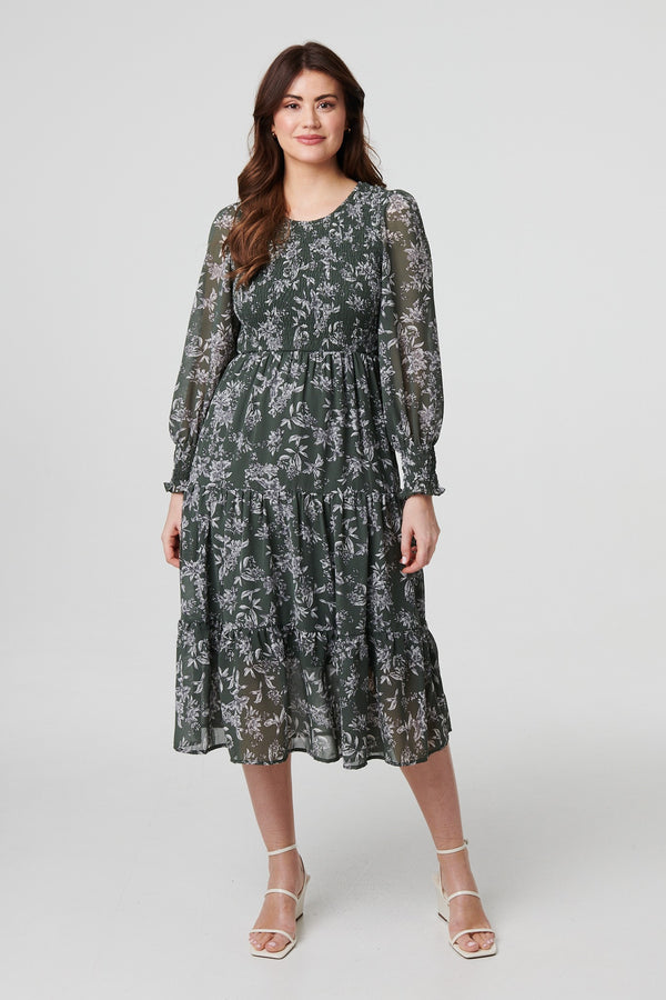 Olive | Floral Semi Sheer Smocked Midi Dress