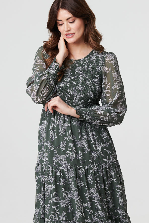 Olive | Floral Semi Sheer Smocked Midi Dress
